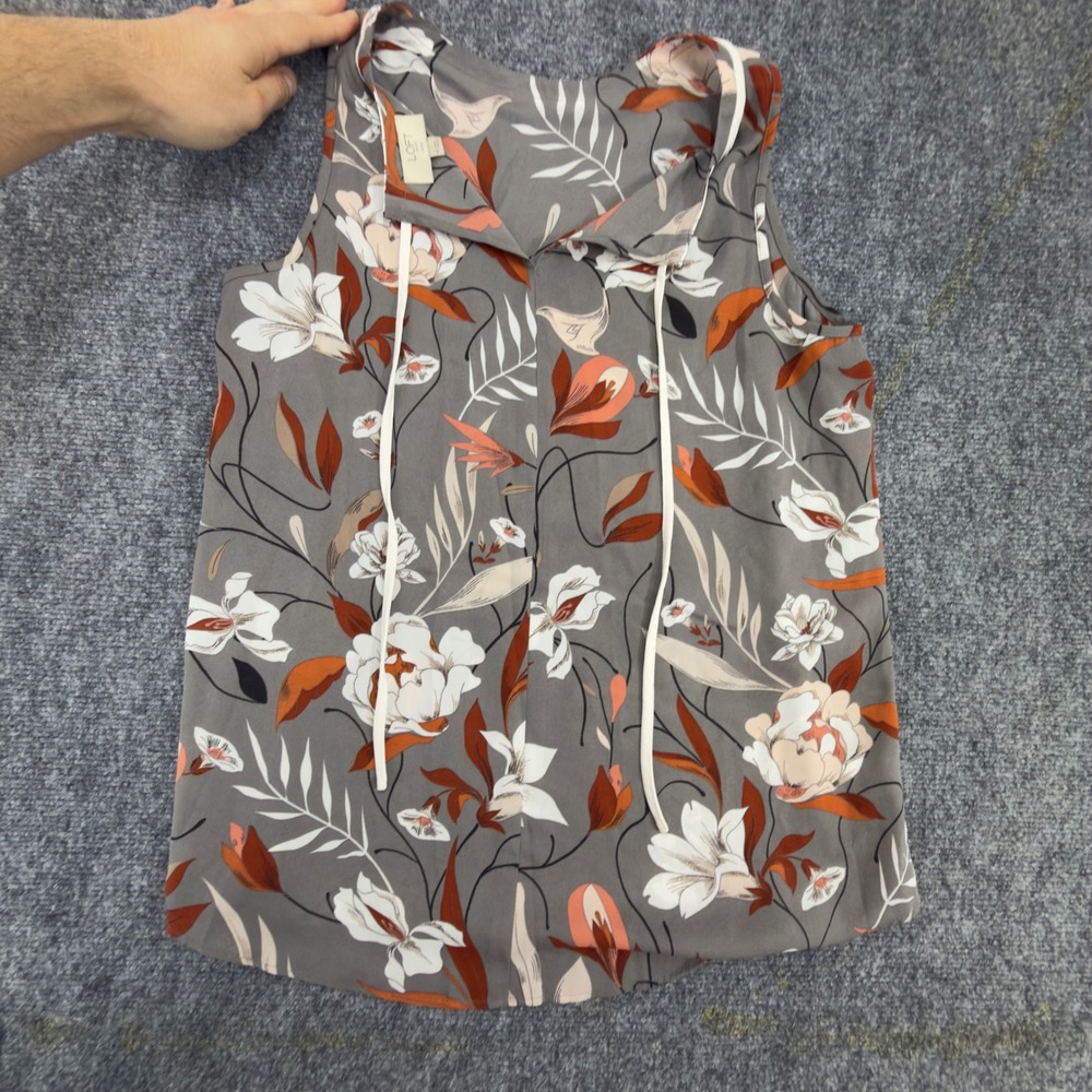 LOFT Floral Tie Neck Sleeveless Blouse Gray Orange Size MP Petite